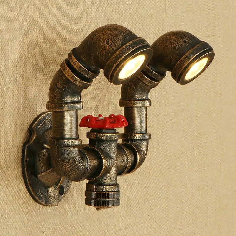 Rustic Aged Brass Wall Lights With 2 Bulbs And Wrought Iron Mount