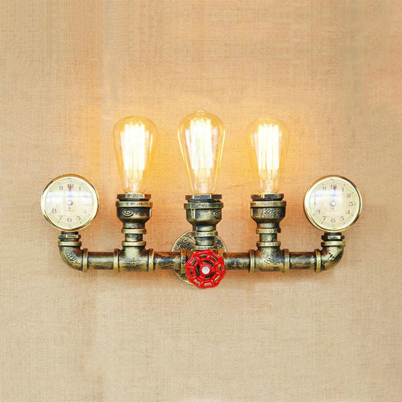 Rustic Antique Brass Metal Wall Mount Light With 3 Pipes Gauge And Valve Decoration