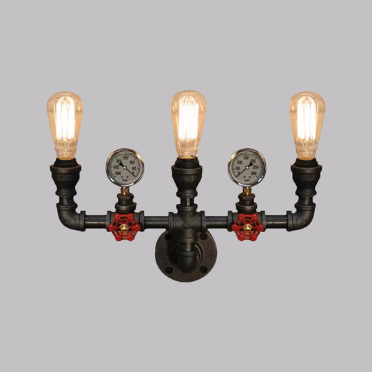 Steampunk Restaurant Wall Lighting In Black: 2/3-Lights Mount With Metal Pipe And Gauge