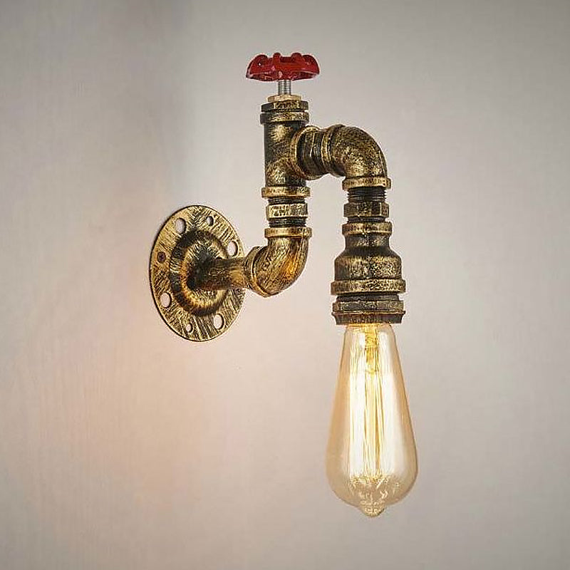 Industrial Antique Brass Faucet Wall Sconce With Valve - 1-Light Living Room Mount