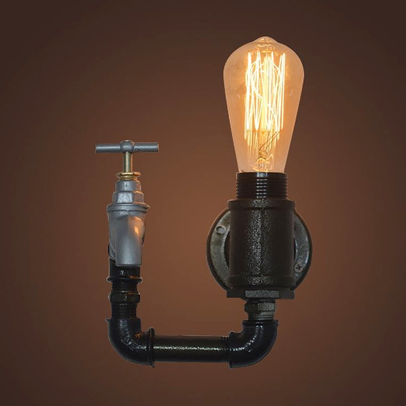 Industrial Metal Wall Sconce With Gauge/Faucet Decoration - Black 1-Light Mini Lighting For Living