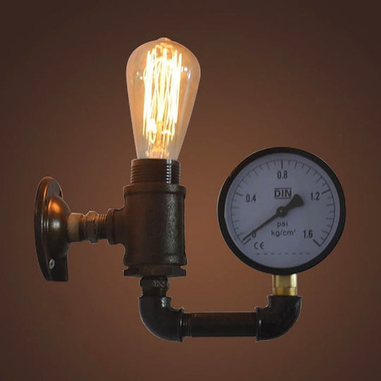 Industrial Metal Wall Sconce With Gauge/Faucet Decoration - Black 1-Light Mini Lighting For Living