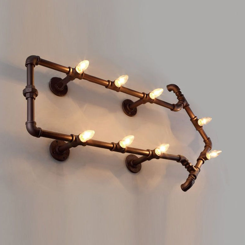 8-Light Bronze Industrial Arrow Design Wall Sconce With Water Pipe Detail