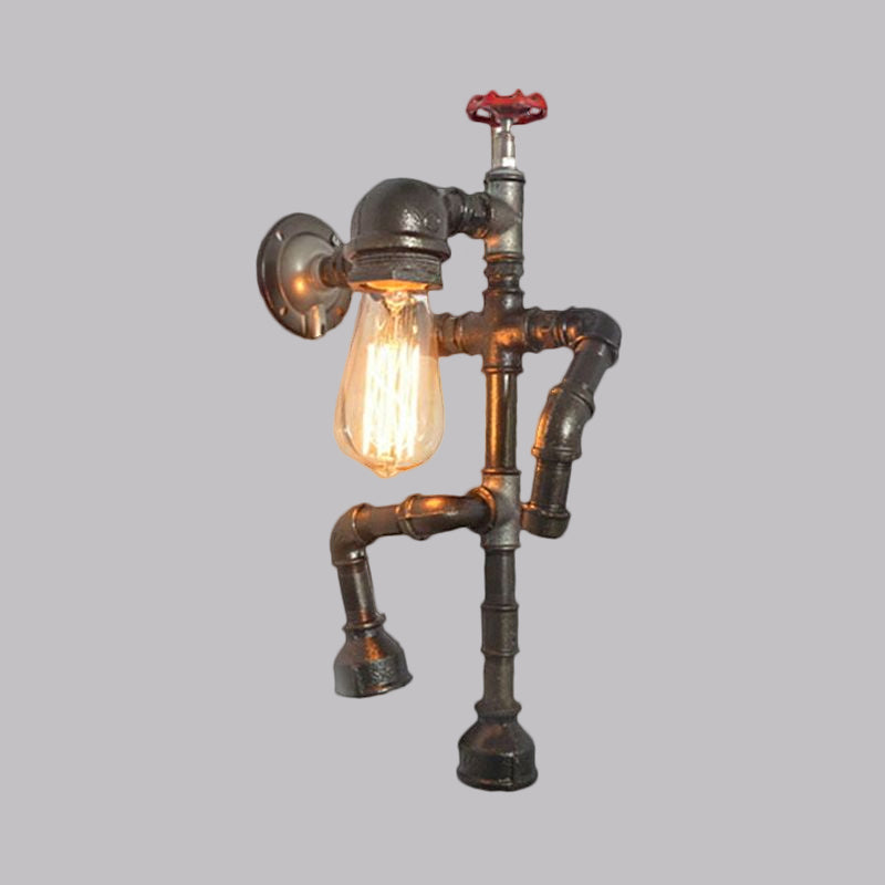 Vintage Robot Sconce Light With Exposed Bulb And Red Valve - Bronze Finish For Hallway Wall Lighting