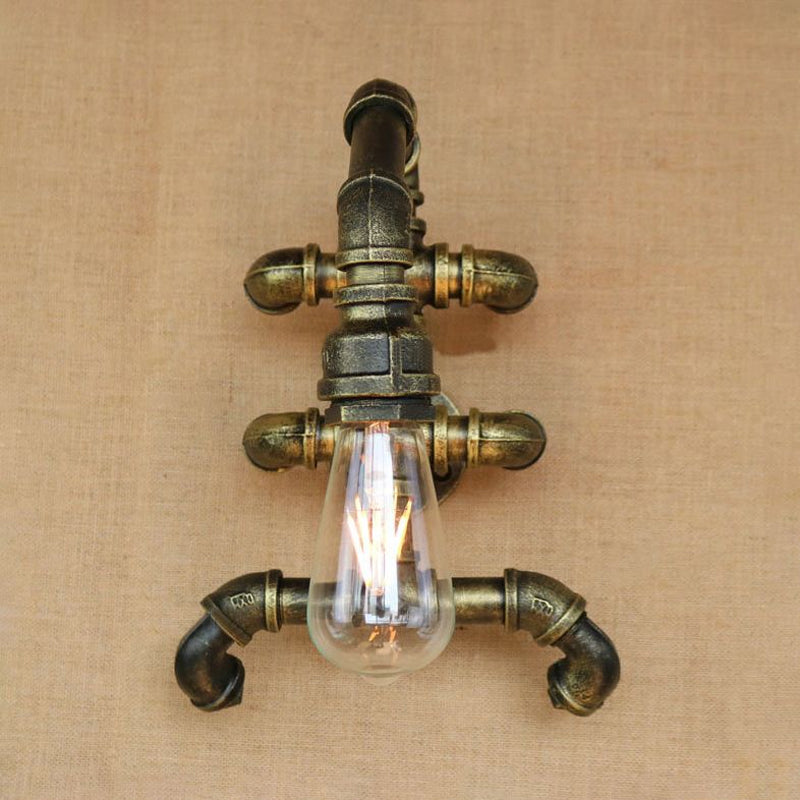 Steampunk Iron 1-Light Antique Brass Sconce With Curved Pipe Expose Bulb Bathroom Wall Lighting