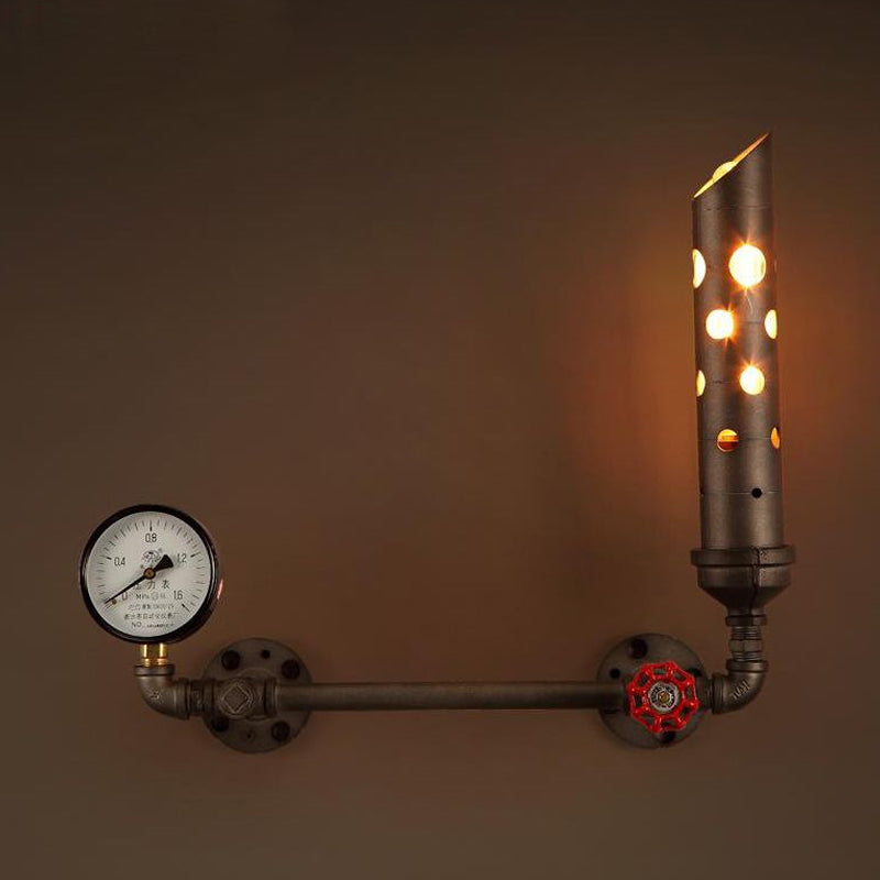 Wrought Iron Tubed Sconce Lighting With Valve And Gauge Vintage Wall Lamp