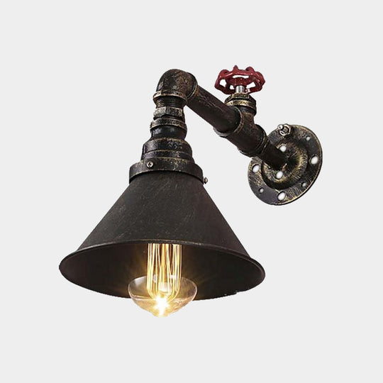 Vintage Brass Wall Sconce With Metal Cone Shade And Valve Décor - Antique Style Lamp Fixture