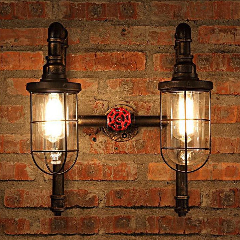 Industrial Metallic 2-Light Wall Sconce With Cage Shade And Red Valve - Black/Bronze Tubed Kitchen