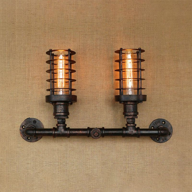 Steampunk Cylinder Wall Lamp With Wire Frame - 2 Head Iron Sconce Lighting In Aged Bronze For Living