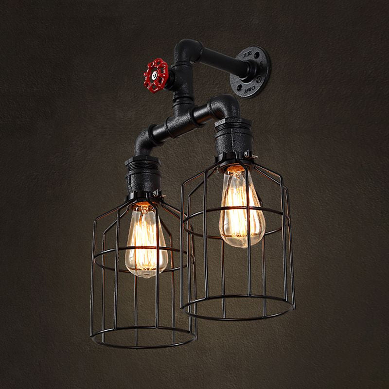 Industrial Double Caged Iron Sconce Lighting - 2 Lights Valve Wheel Black Wall Fixture For Hallways