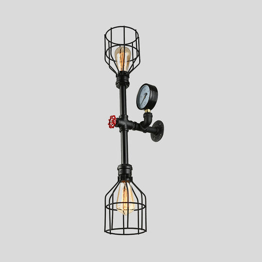 Industrial Metal Wall Sconce With 2 Bulbs Cage Shade And Gauge - Black Finish