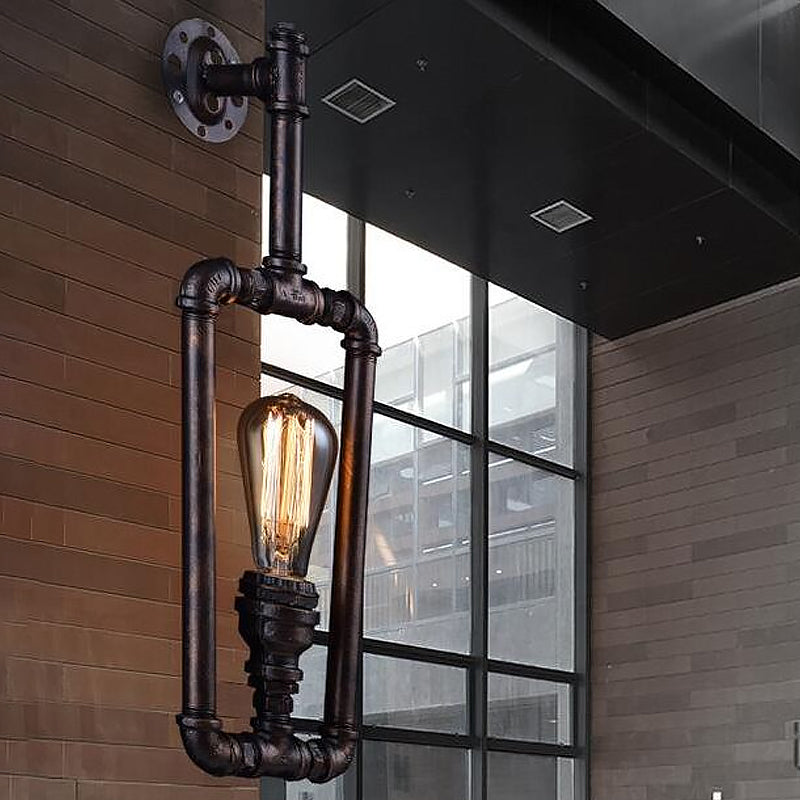 Metallic Water Pipe Industrial Wall Sconce - 1 Light Rectangle Lamp For Living Room In Black