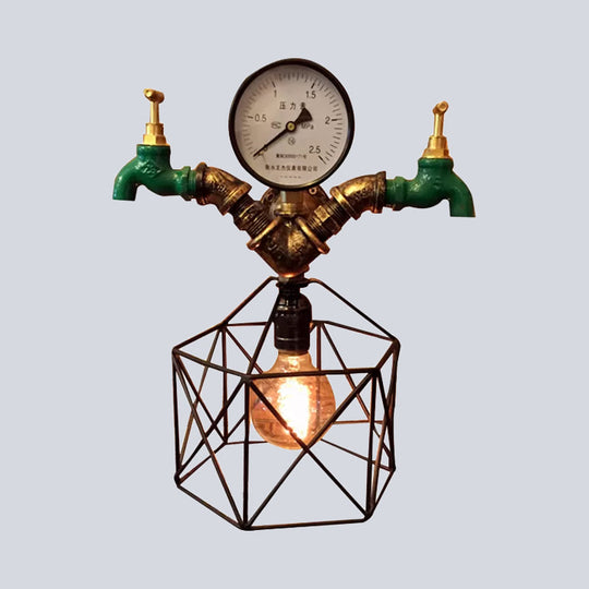 Hexagon Cage Wall Sconce: Antique Brass Metallic Industrial Light With Faucet And Gauge Deco