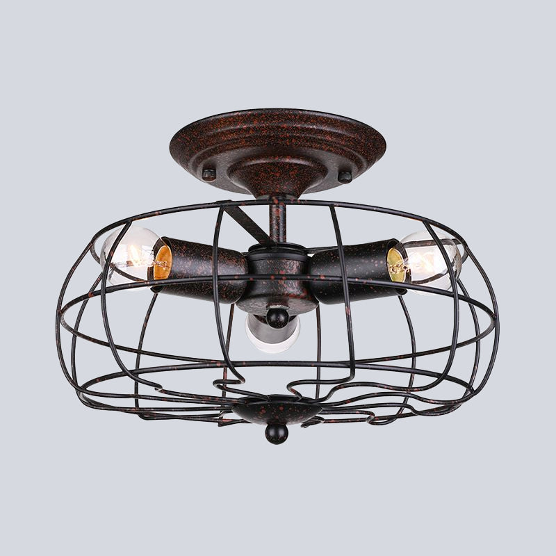 Copper Fan Wall Sconce With Wrought Iron Cage Shade - Antique Style Indoor Lighting 3 Lights