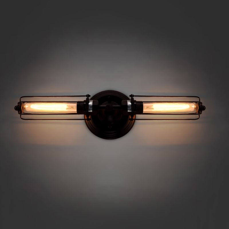 Industrial Style 2-Light Tube Cage Wall Lamp In Rust/Black For Hallway/Corridor Lighting