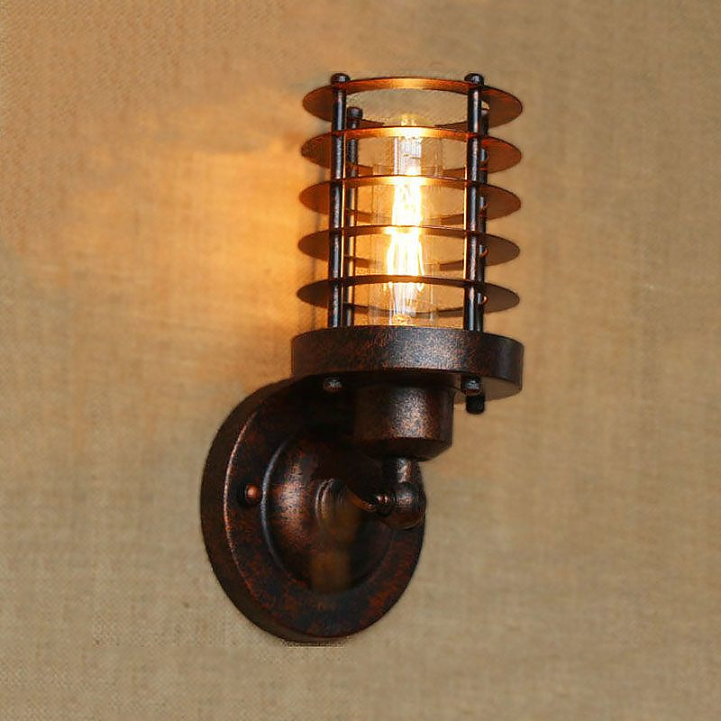 Wrought Iron Cage Wall Light - Industrial Rust/Black Finish