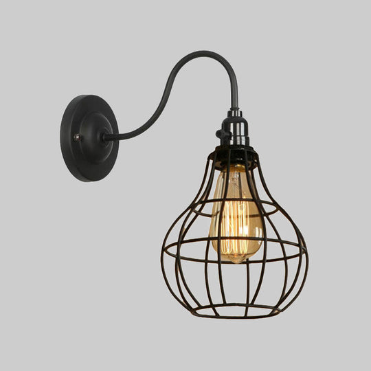 Industrial Cage Wall Sconce - 1 Bulb Metallic Lighting With Gooseneck Arm In Black