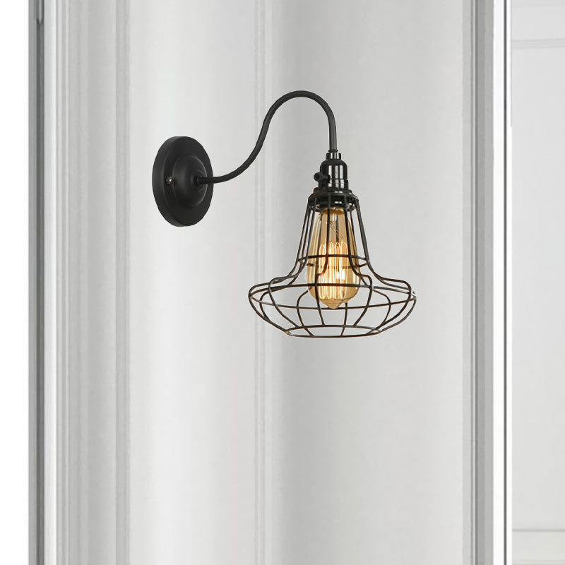 Industrial Cage Wall Sconce - 1 Bulb Metallic Lighting With Gooseneck Arm In Black