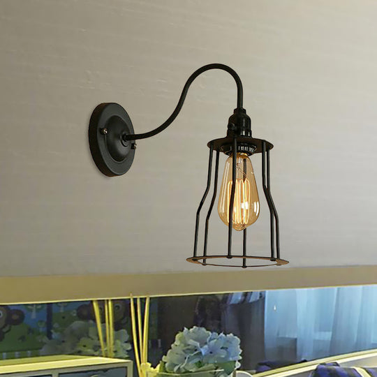 Industrial 1-Head Black Gooseneck Wall Light With Cage Shade For Living Room