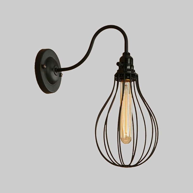 Industrial 1 Light Metallic Oval/Teardrop/Bulb Wall Lamp With Wire Guard In Black