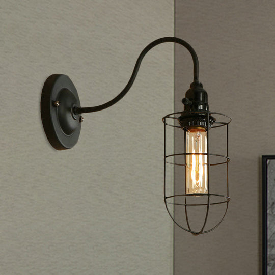 Industrial 1 Light Metallic Oval/Teardrop/Bulb Wall Lamp With Wire Guard In Black