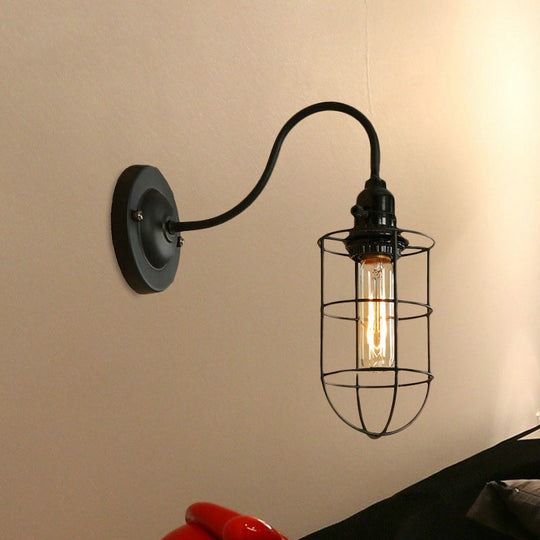 Industrial 1 Light Metallic Oval/Teardrop/Bulb Wall Lamp With Wire Guard In Black