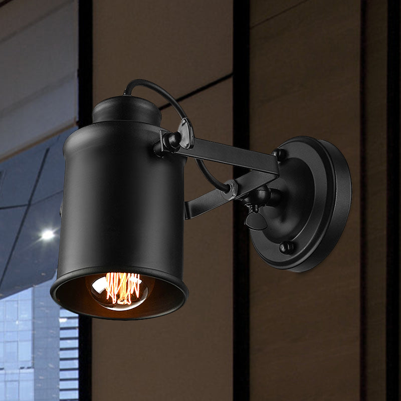 Rotatable Wall Mount Industrial Sconce Light: 1-Light Metal Shade In Black