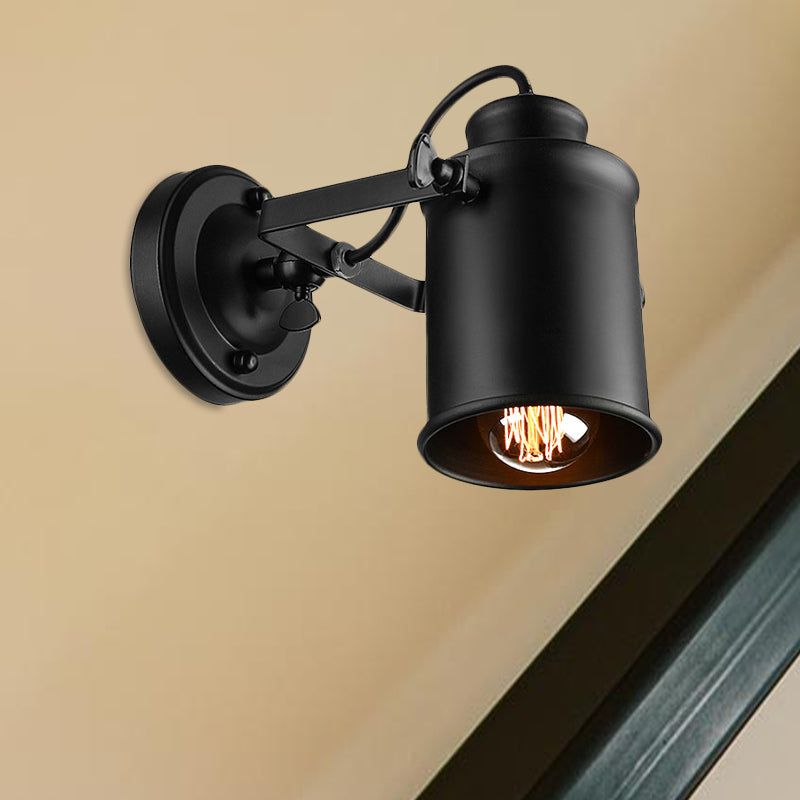 Rotatable Wall Mount Industrial Sconce Light: 1-Light Metal Shade In Black