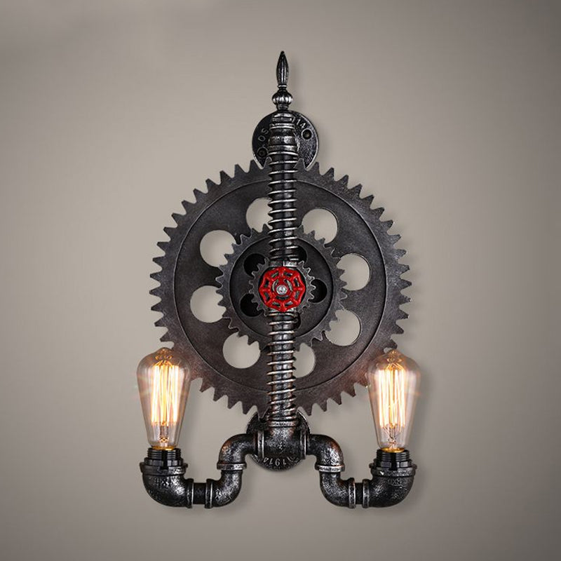 Farmhouse Black Finish Wall Lamp With Gear Design - 2-Light Open Bulb Metallic Mountable Over Table