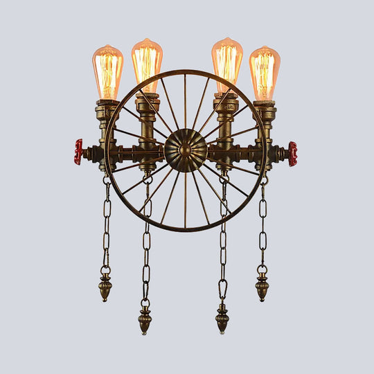 Industrial Rustic Bronze/Silver Metal Sconce Lighting - 4-Light Wheel Wall With Exposed Bulb Ideal