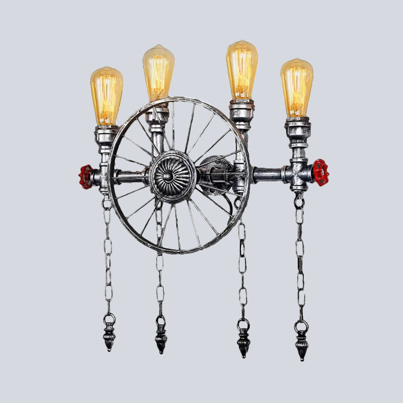 Industrial Rustic Bronze/Silver Metal Sconce Lighting - 4-Light Wheel Wall With Exposed Bulb Ideal