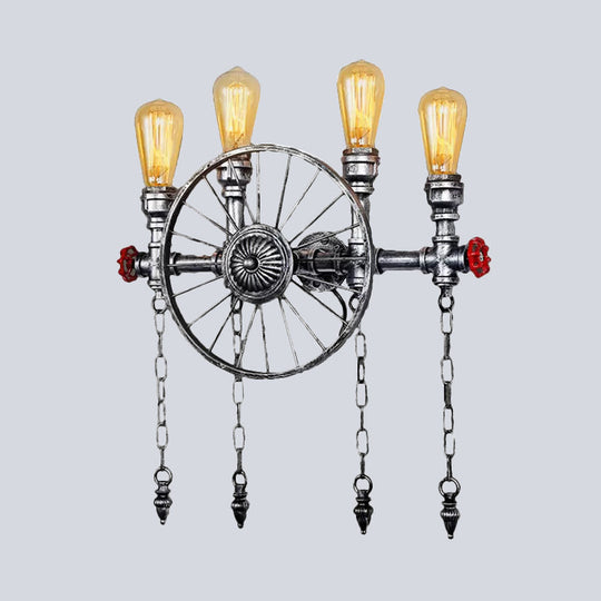 Industrial Rustic Bronze/Silver Metal Sconce Lighting - 4-Light Wheel Wall With Exposed Bulb Ideal