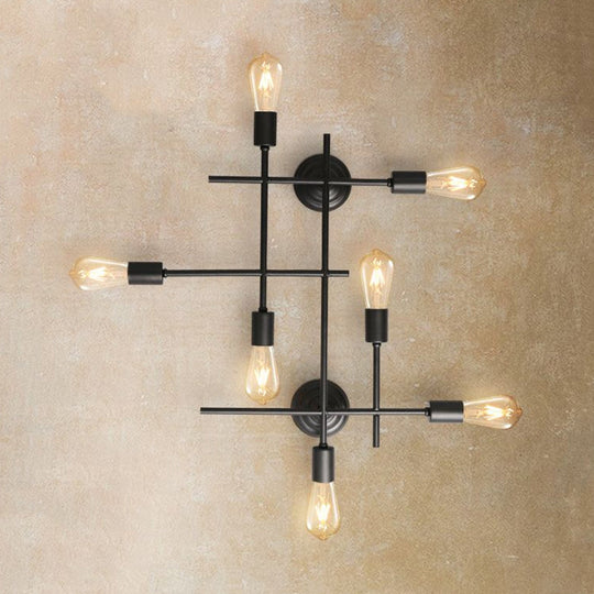 Industrial Black Metallic Cross Wall Sconce With Exposed Bulb - Multi Light Design For Table