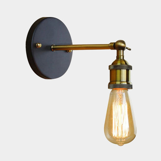 Industrial Metal Wall Lamp - Black/Brass Finish 1 Head Mini Sconce Lighting With Bare Bulb For