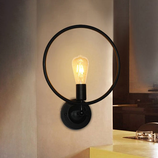 Round Backplate Metal Wall Sconce With Ring Decoration - Loft 1-Light Black Dining Room Light