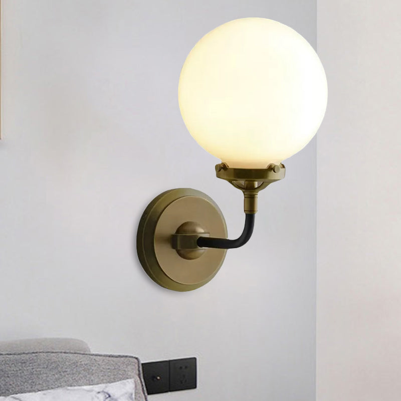 Modern Opal Glass Sconce Light With Globe Shade In Antique Brass/Chrome