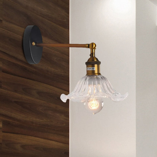 Brass Cone Wall Sconce With Clear Ribbed Glass - Industrial Living Room Lighting Fixture For Dining