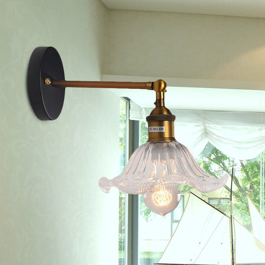 Brass Cone Wall Sconce With Clear Ribbed Glass - Industrial Living Room Lighting Fixture For Dining