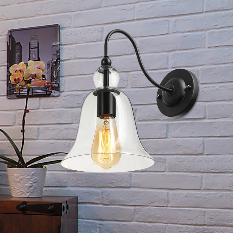 Industrial Clear/Green/Smoked Glass Wall Sconce With Gooseneck Arm - 1-Light Black Bell Bedroom Lamp