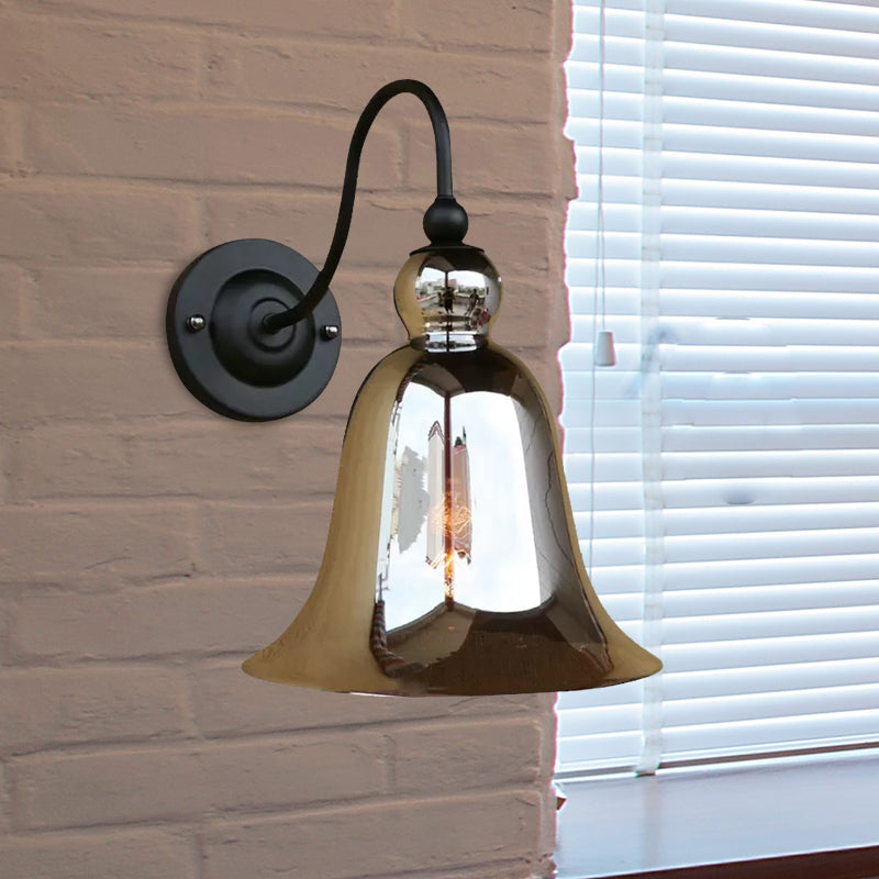 Industrial Clear/Green/Smoked Glass Wall Sconce With Gooseneck Arm - 1-Light Black Bell Bedroom Lamp