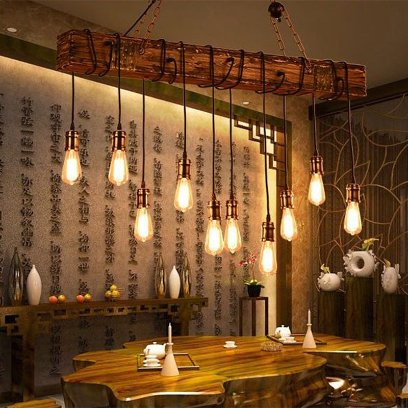 Stylish Linear Dining Room Island Lighting With Wooden Beam Design - Multi Light Brown Ceiling