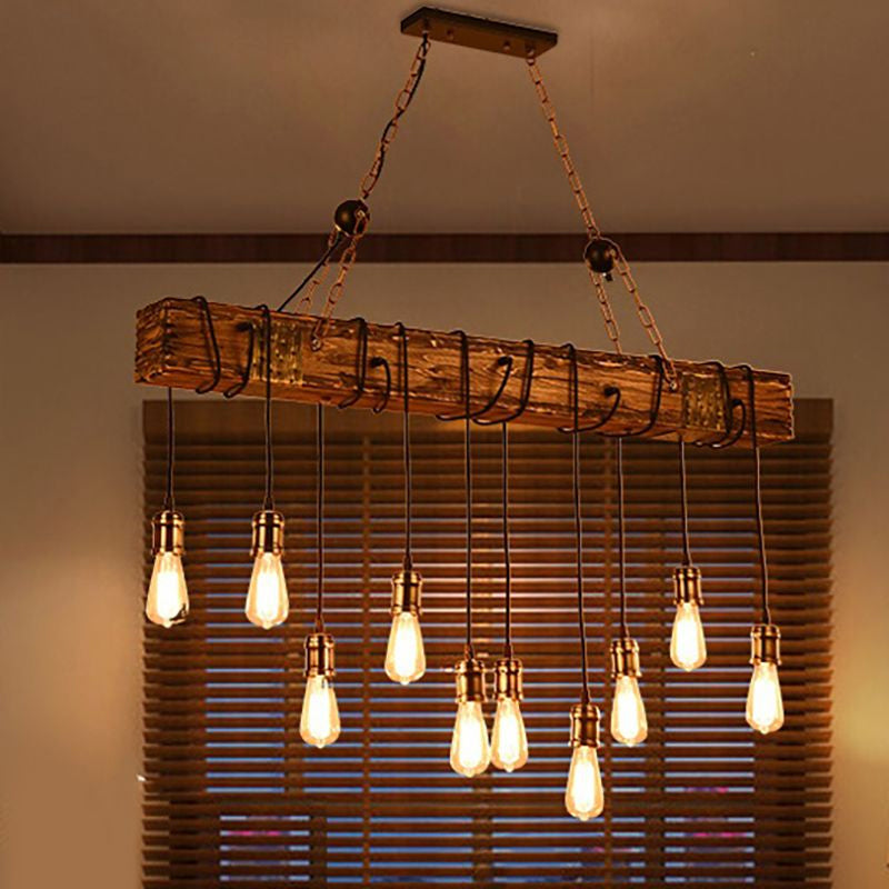 Stylish Linear Dining Room Island Lighting With Wooden Beam Design - Multi Light Brown Ceiling