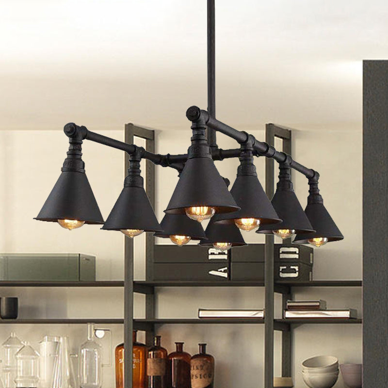 Vintage Style Black Metal Island Chandelier With 8-Light Cone Pendant