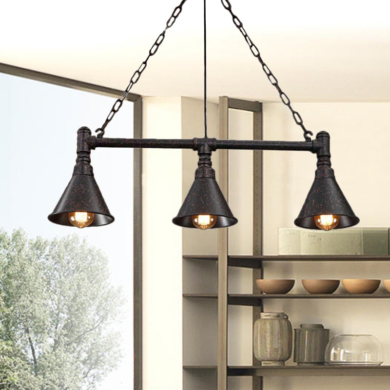 Vintage Rustic Conical Island Lighting: Industrial Metal Pendant Light With Pipe Design - 3-Light