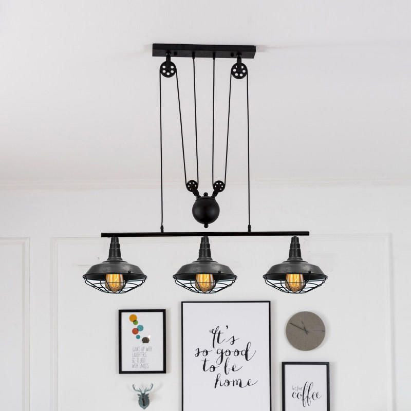 Farmhouse Barn Island Pendant - 3-Light Metallic Lighting With Cage Shade And Pulley In Black