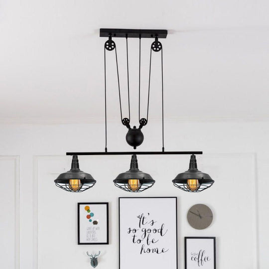 Farmhouse Barn Island Pendant - 3-Light Metallic Lighting With Cage Shade And Pulley In Black