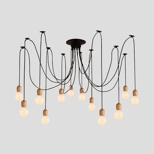 Industrial Wood Swag Pendant Lamp With Exposed Bulb - Black Finish 8/12 Lights For Dining Room