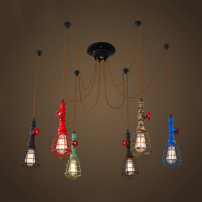 Industrial Pipe Pendant Ceiling Light 6-Light Iron Hanging Lamp, Black Shade Optional, for Living Room