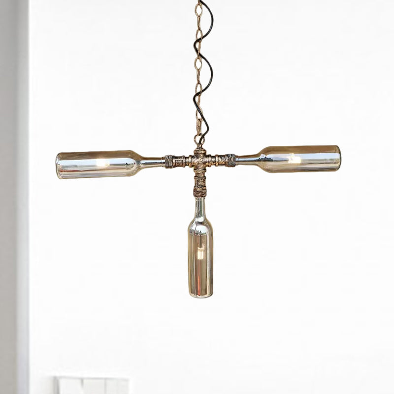 Farmhouse Style Smoke Gray/Blue Bottle Ceiling Lighting - Glass Hanging Lamp (3/4/5 Lights) in Aged Silver/Black