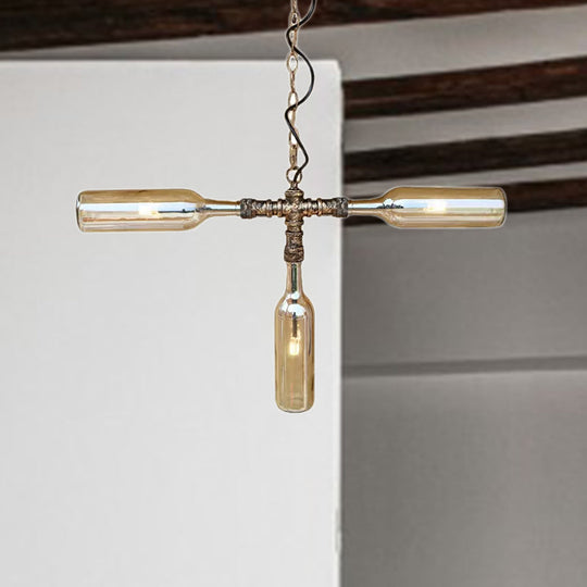 Farmhouse Style Smoke Gray/Blue Bottle Ceiling Lighting - Glass Hanging Lamp (3/4/5 Lights) in Aged Silver/Black